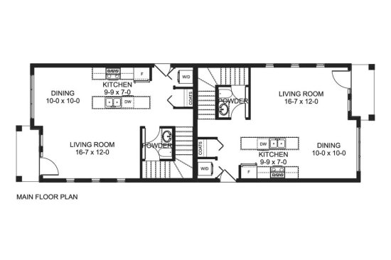 Modern duplex house plan, main floor plan. See details at Houseplans.