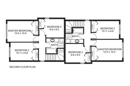 Modern duplex house plan, upper floor plan. See details at Houseplans.