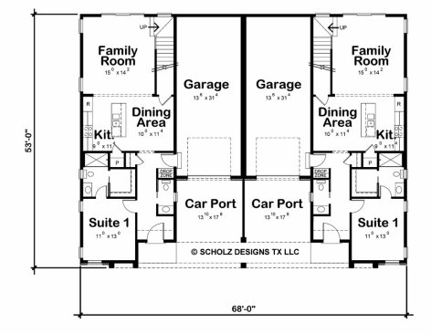 Modern Duplex Plan with In-Law Suite - Main Floor Plan. See Details at Houseplans.com.