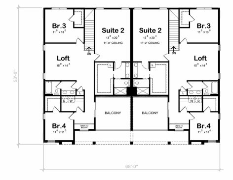 Modern Duplex Plan with In-Law Suite - Upper Floor Plan. See Details at Houseplans.com.