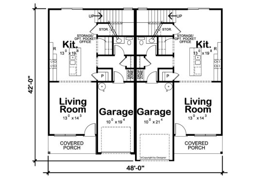 Duplex house plan, main level. See details at Houseplans.com.