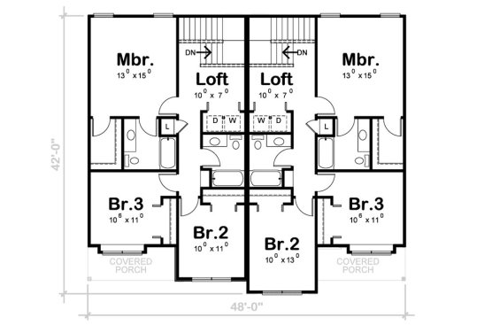 Duplex house plan, upper level. See details at Houseplans.com.
