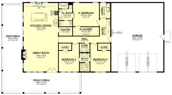 Barndominium plan with 2,000 sq. ft., floor plan. See details at Houseplans.com.