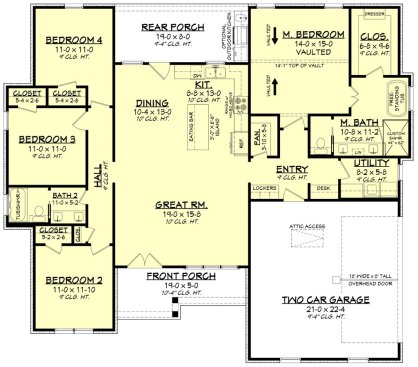 Modern Farmhouse Plan with Four Bedrooms, Main Level. See Details at Houseplans.com.