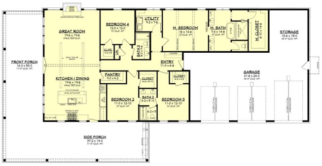 Barndominium plan with simple footprint, main level. See details at Houseplans.com.