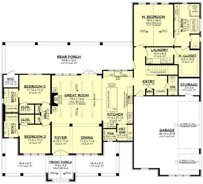 Farmhouse plan with lots of storage, main level. See details at Houseplans.com.