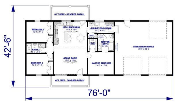 Simple farmhouse plan with large garage, floor plan. See more images at Houseplans.