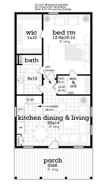 Tiny house plan with front porch, floor plan. See interior views at Houseplans.