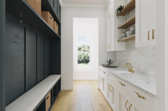 Farmhouse plan with prep kitchen, back kitchen view. See details at Houseplans.com.