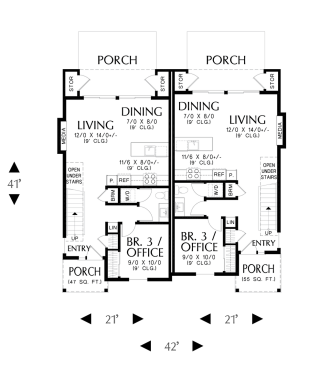 Modern Farmhouse Duplex Plan Main Level. See Details at Houseplans.com.