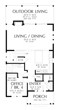 Modern narrow-lot farmhouse plan, main level. See details at Houseplans.com.