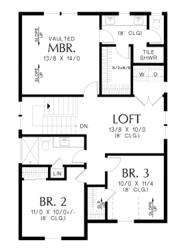 Modern narrow-lot farmhouse plan, upper level. See details at Houseplans.com.