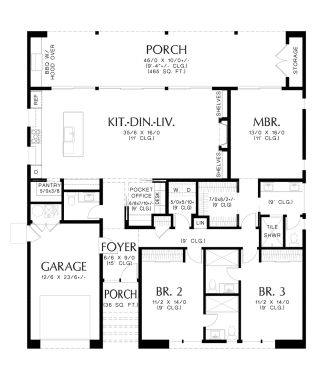 Modern house plan with an open layout, main level. See details at Houseplans.