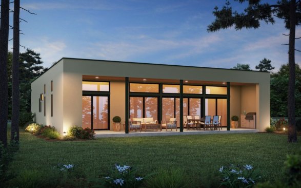 Modern house plan with an open layout, rear exterior. See details at Houseplans.