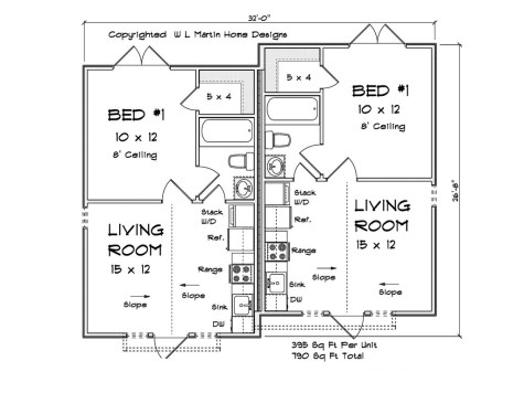 Tiny ADU duplex plan, floor plan. See details at Houseplans.