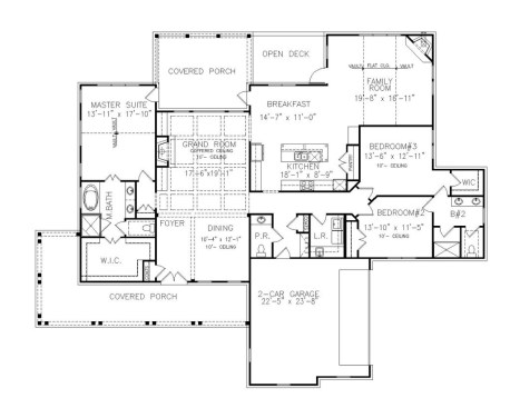Farmhouse floor plan with wraparound porch, plan 54-575 at Houseplans.com
