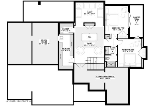 Modern ranch house plan, lower floor plan. See details at Houseplans.com.