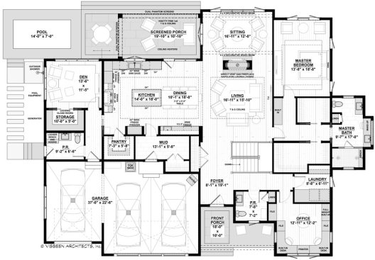 Modern ranch house plan, main floor plan. See details at Houseplans.com.