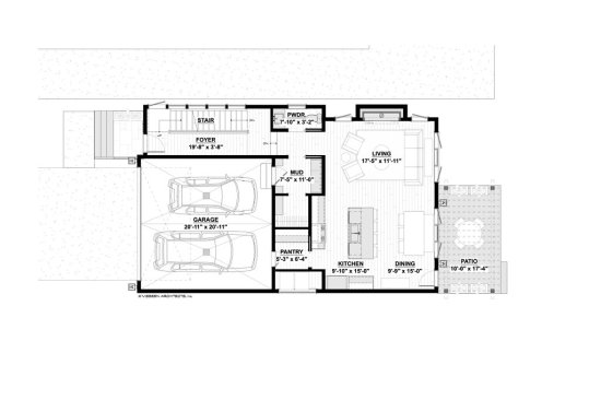 Urban infill house plan, main level floor plan. See details at Houseplans.