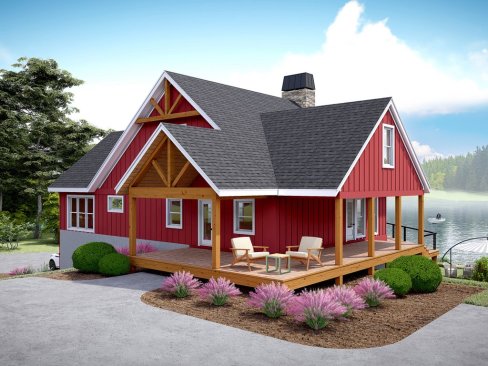 Lakefront house plan, front exterior. See details at Houseplans.