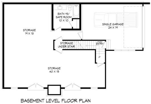 Lakefront house plan, lower level. See details at Houseplans.