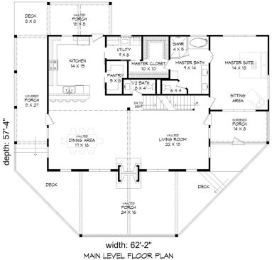 Lakefront house plan, main level. See details at Houseplans.