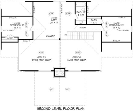 Lakefront house plan, upper level. See details at Houseplans.
