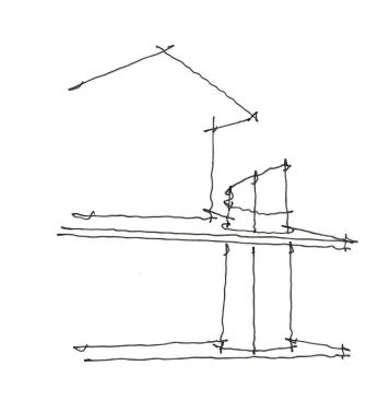 Concept sketch showing how the circular shower forms relate to the angular roof overhang and square house corner. 