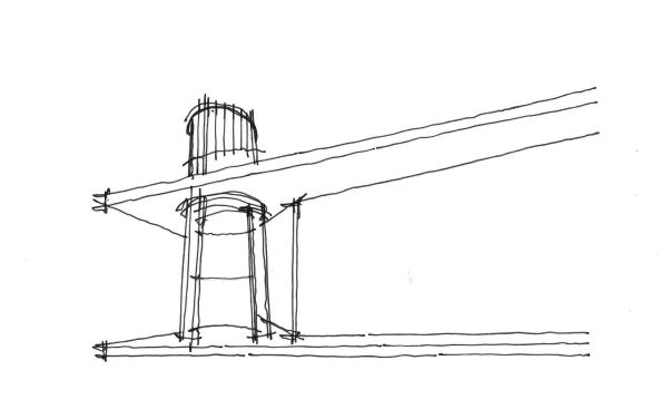 Another sketch detailing the angles of the top occulus and the narrow wooden slate the stop in alignment with the porch roof. 
