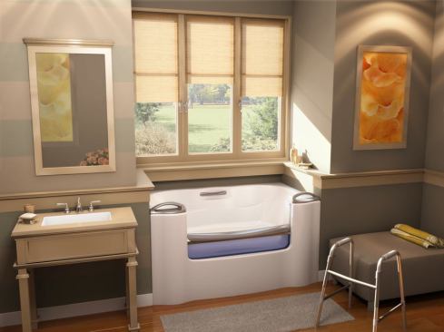 Aquatic. Designed to appeal to a broader range of users with hydrotherapy and accessible bathing needs, the Ava Bath includes a range of unique features. Rather than a swing-open door typical of most accessible bathtubs, Ava’s automated door runs the full length of the tub, and raises and lowers completely for unprecedented ease of access. The roomy design functions like a traditional soaking tub, allowing for more complete immersion than a traditional bath with a bench, and a patent-pending quick-drain feature empties the 70-gallon tub in 30 seconds or less. Four Ava bath models include soaker, whirlpool, air bath and air/whirlpool designs in a 60-inch-wide tub, suitable for remodeling. 
www.aquaticbath.com. 
–Lauren Hunter