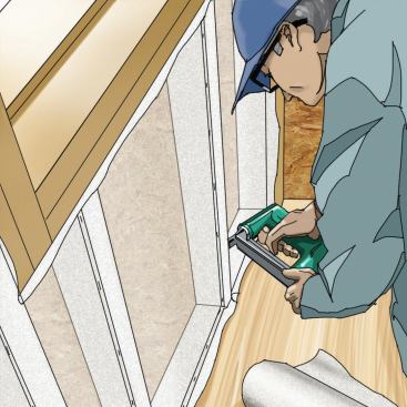 1. Net the Framing Cavities 

Netting is stretched tight between framing members to minimize bulging of the cellulose. A pneumatic upholstery stapler—which continuously spits out fasteners as long as the trigger is depressed—speeds the job along but requires an experienced operator.