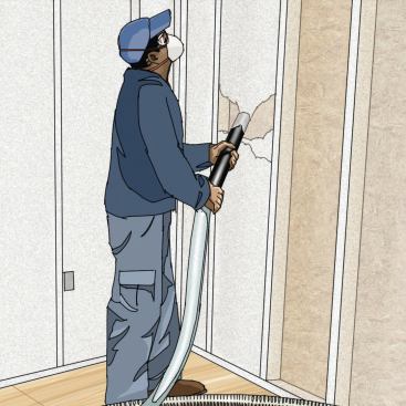 2. Blow the Cellulose 

The hose nozzle is inserted into the netting, pushed to the bottom plate, and withdrawn as the cavity is filled. Once the cavity has been filled to the insertion point, the nozzle and hose are pushed to the top plate and 

the rest of the cavity is filled from the top back to the middle. 