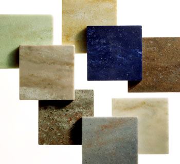 DuPontThe manufacturer's new additions to its Corian Private Collection was inspired by picturesque clouds and sky at dusk, rolling farmland, and sandy beaches. Intended as a way to help turn kitchens and baths into places of relaxation, the eight new colors include Witch Hazel, Sandalwood, Jasmine, Saffron, and Juniper. 'The result is a simple, yet refined aesthetic that offers weary homeowners the calming tonic effects of nature as a counterbalance to the constant bustle of our hectic lives,' says marketing manager Maureen McGeehan. www.countertops.dupont.com.