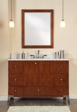 Fairmont DesignsThe Concorde bath vanity is decidedly modern but not so much as to make traditionalists feel uncomfortable. Call it Approachable Modernism, if you will. It's made from rich Anigre veneers with a cognac finish and features bead detailing and flared brushed nickel metal legs. The product is available in two configurations-a 36-inch-wide version with two doors and one draw and a 48-inch-wide unit with two doors and seven drawers. It's shown here with an optional white Carrara marble top. www.fairmontdesigns.com.