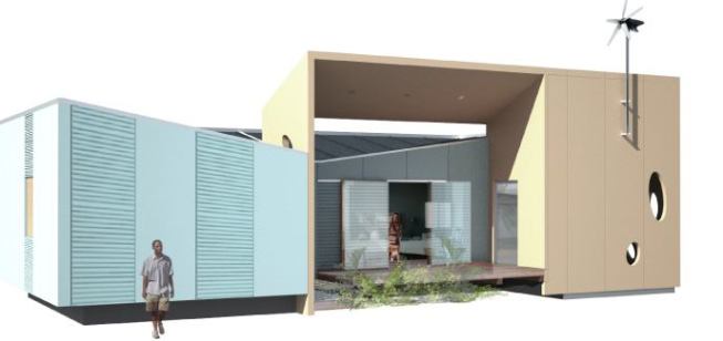 Judith Kinnard With Tiffany Lin

Sliding polycarbonate panels expand the SunShower house's centrally located living room to the rear covered courtyard. Sliding SIPs panels on the opposite side of the room open for cross-ventilation. 