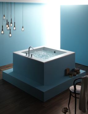 Kohler. With its deep bathing well, the Underscore Cube bath provides the spa-like experience of traditional Japanese soaking tubs. The tub features molded seats for two bathers at two different soaking depths. Measuring 48 inches square, the unit offers a clean, streamlined look and comes in white or biscuit in drop-in or undermount options. It is available as a soaking model or a BubbleMassage bath with 122 staggered air jets. 800.456.4537. www.kohler.com. –K.T.