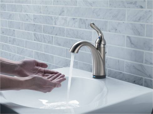 Delta. The Addison and Lahara (shown) lavatory faucets are now available with the company's Touch2O Technology, which allows users to turn the faucet on or off with just a touch to the spout, or with Touch2O XT, which includes the touch technology as well as proximity-sensing technology for two options for handle-free operation. The proximity sensor is located on the bottom of the spout, so it remains streamlined without affecting styling; an LED light flashes when the unit is in hands-free mode and remains steady when it's in touch mode. The faucets are WaterSense labeled and come in Brilliance stainless, chrome, or Venetian bronze finishes. www.deltafaucet.com. --K.T.