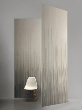 Lines, a new collection by French designer Patrick Norguet, features distinctive graphics and lines created using advanced high-definition technology on Slimtech laminated tiles. Measuring only 3 millimeters thick, the product is lighter, which makes this tile product easier to transport as well as cheaper and easier to install. It can be used on closet doors, containers, doors, fireplaces, bathroom, and kitchen countertops. Six colors are available. 
www.ceramichelea.it.