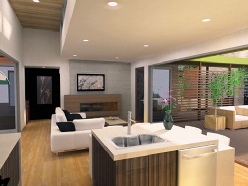 This modern standout uses space
very, very wisely with a wall that opens wide to the outdoor living spaces.