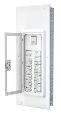 Residents can easily see the status of their circuit breakers through the clear door on the Leviton Load Center.