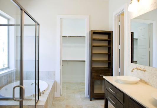 In the master bath, the tile contains more than 50% recycled material and a no-VOC stain.