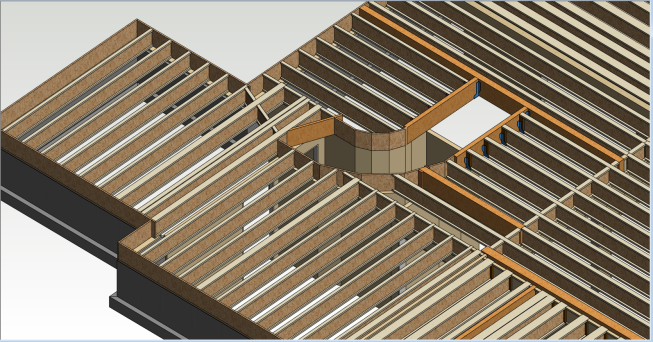 In this illustration, the joists are designed at 19.2” o.c. for a value-engineered solution. This design uses LSL for stair openings and flush beams to reduce cost and may be suitable for a tract home. The floor performance could be improved by upgrading to a high-performance sub-floor.