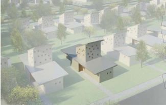 Mathes Brierre

This home is created with three distinct modules that can be shifted into six different building geometries for flexibility of orientation and differentiation in a neighborhood setting; the roof can be rotated to face south. Loft-level window placement is guided by the tree canopy and provided in full-size templates with the kit; the operable loft windows provide a chimney effect for ventilation. A large roof overhang shades large windows, while there is minimal glazing on the other three facades.