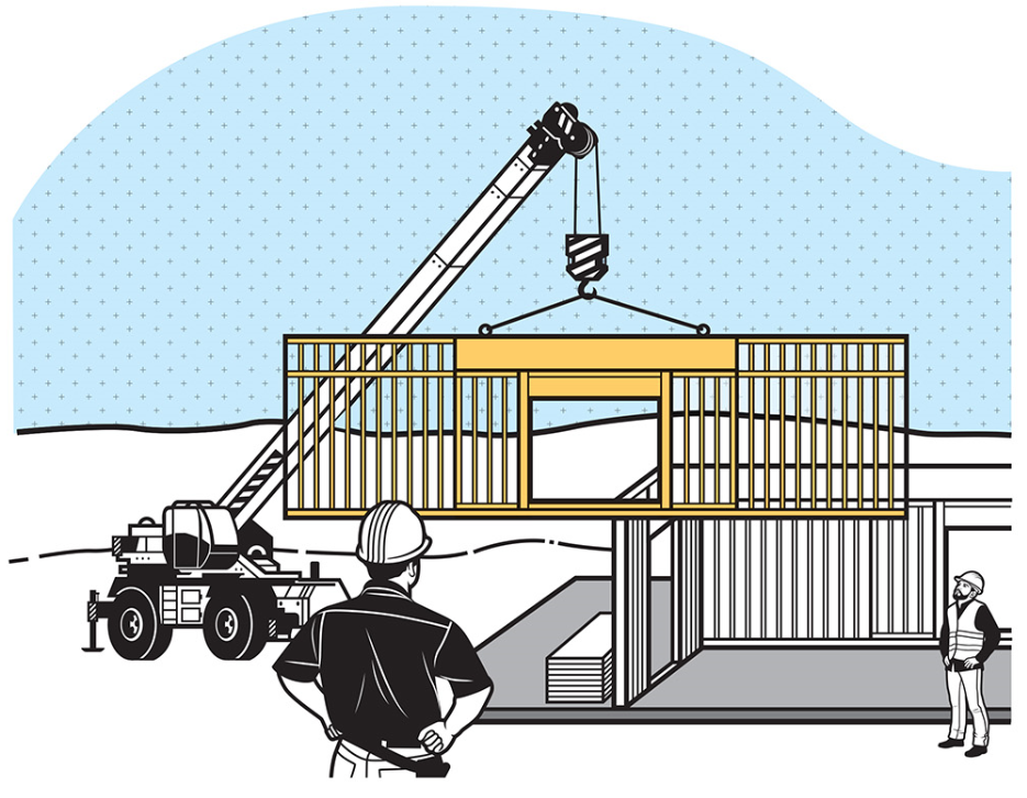 Prefab wall panels are shipped to the jobsite and craned into place.