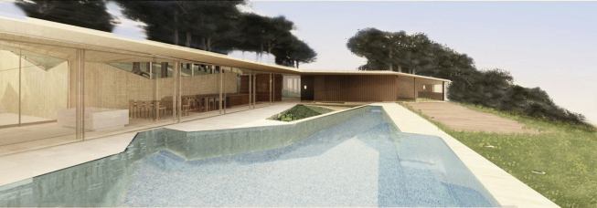 A green roof tops the lower-level bedroom wing, which shares its upslope wall with the central courtyard’s swimming pool.