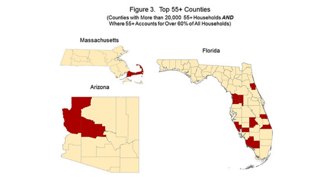 NAHB analysis of American Community Survey data on counties with 20,000 or more 55+, and 60% share or more of 55+ households.