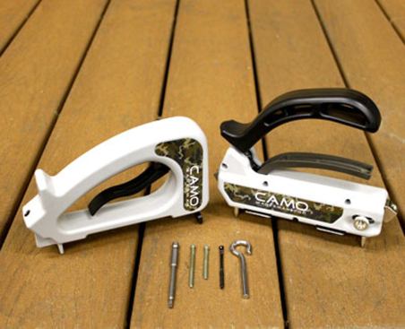 National Nail. The Camo Hidden Deck Fastening System includes deck screws designed to drive at an angle into the edge of the board and into the joist with a special Marksman guiding tool and cordless drill. Compatible with treated lumber, hardwood, cedar, and composite or PVC decking, the screws can be backed out and do not require pre-drilling or automatic spacing. A limited lifetime warranty covers rust and corrosion. 800.968.6245. www.camofasteners.com. –E.R.