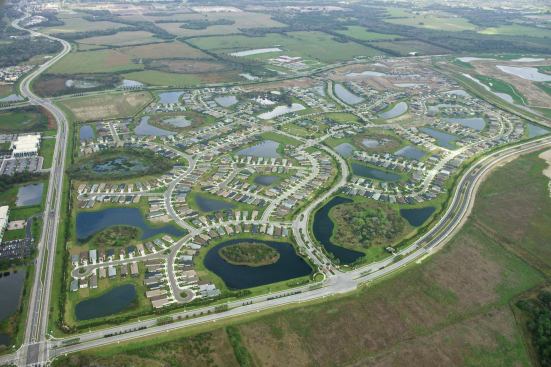 An aerial photo of Central Park at Lakewood Ranch in Bradenton, Fla., shot from the south, shows the layout of the homes within the existing wetland and preserve areas.