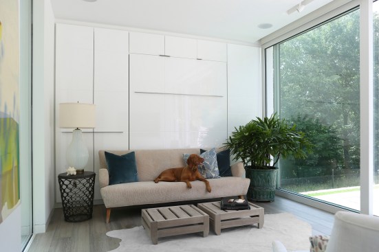 The retreat serves as an office, poolhouse, studio, and entertainment space