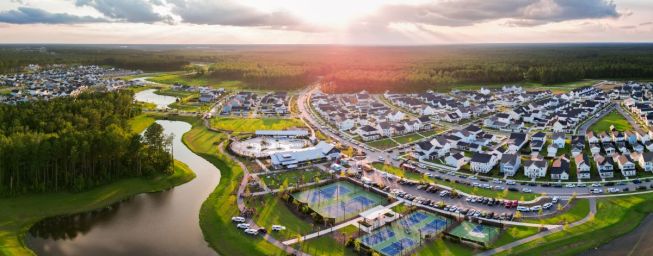 Amenities at Nexton in Summerville, South Carolina, include a clubhouse with a gym; an Olympic-size pool; tennis, pickleball, and basketball courts; and 10 miles of walking and biking trails.